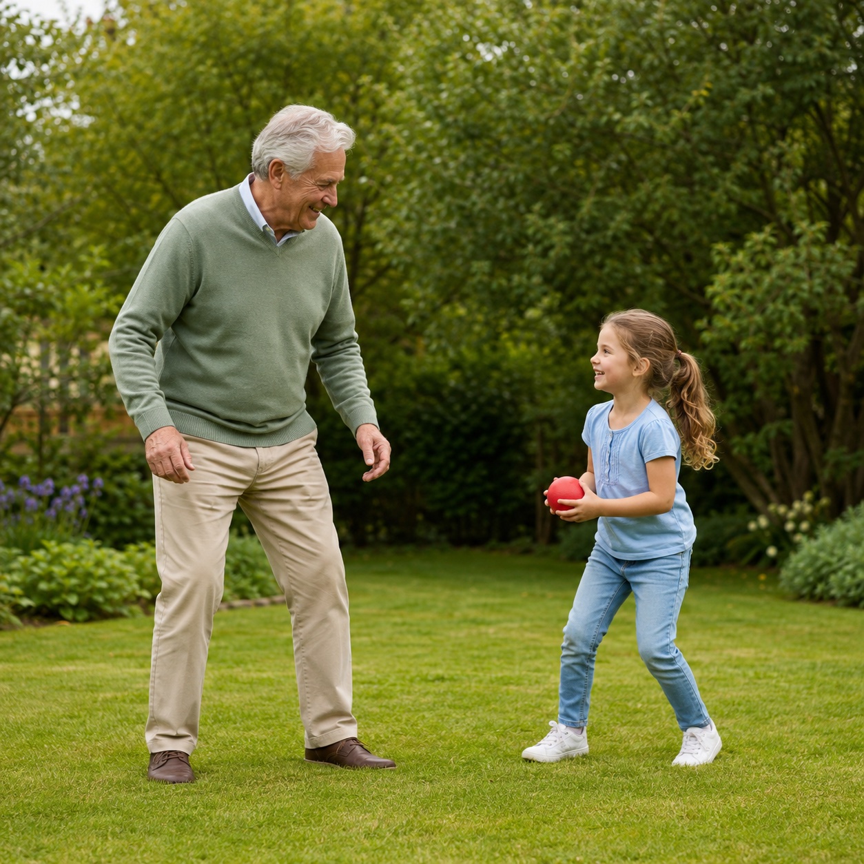 A grandfather playing ball with his granddaughter