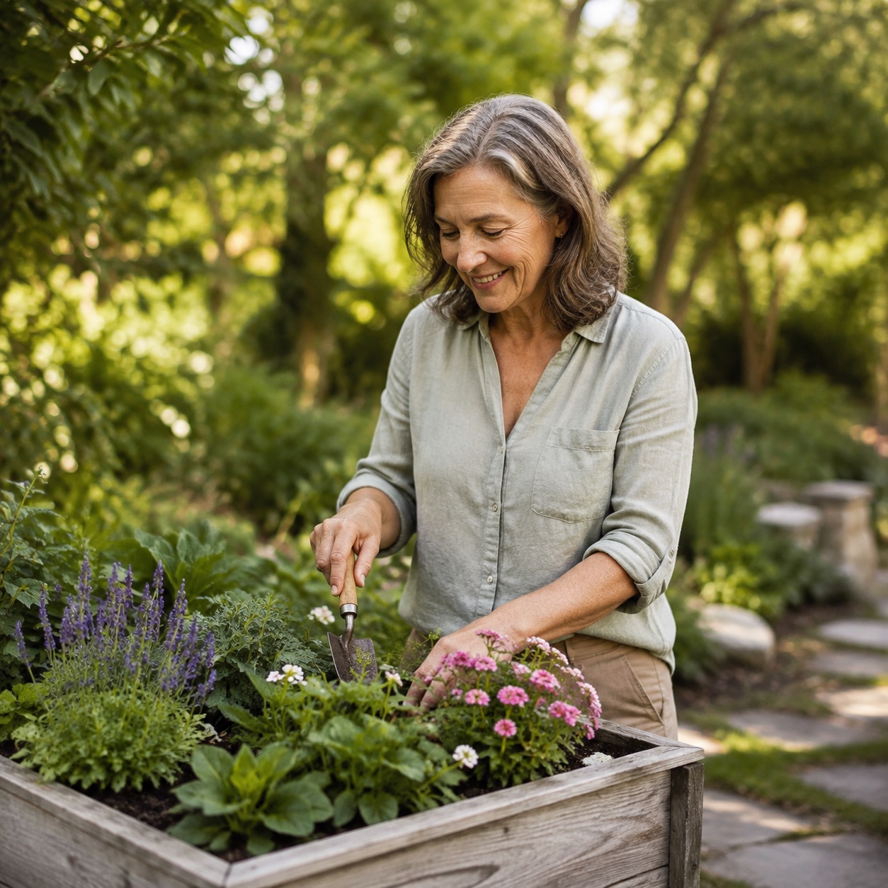 An older woman tending flowers in her garden